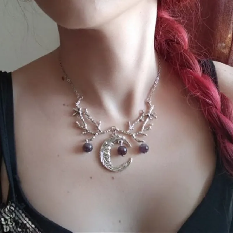 Gothic Purple Crystal Crescent Moon Branches Necklace Witch Pendant Fantasy Forest Twig Women Jewellery Statement Wedding Wicca