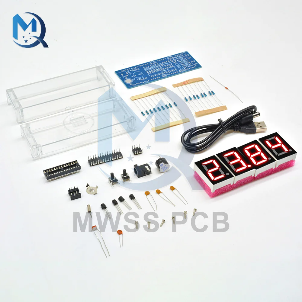 4-Digit LED Digital Electronic Temperature Clock DIY Kit Electronic ClockTime Light  LED Microcontroller With Transparent Case