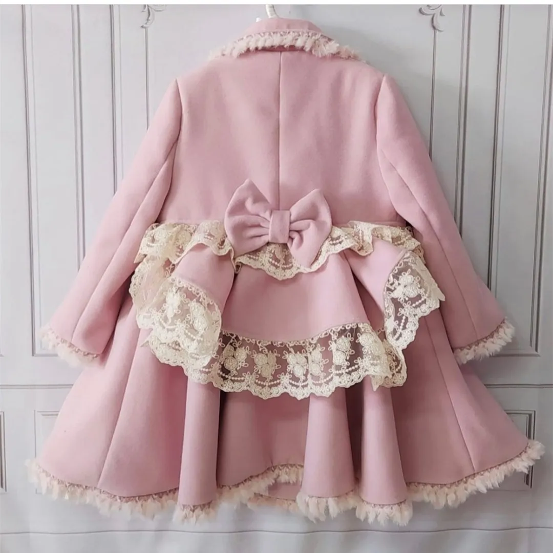 1-12Y Baby Girl Autumn Winter Handmand Customized Palace England Spanish Pink Princess Wool Lace Coat for Casual