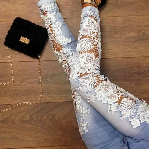 

Fashion Women Jeans Ladies Lace Floral Splice High Waist Jeans Hollow Out Casual Women 'S Denim Pencil Pants xxxl