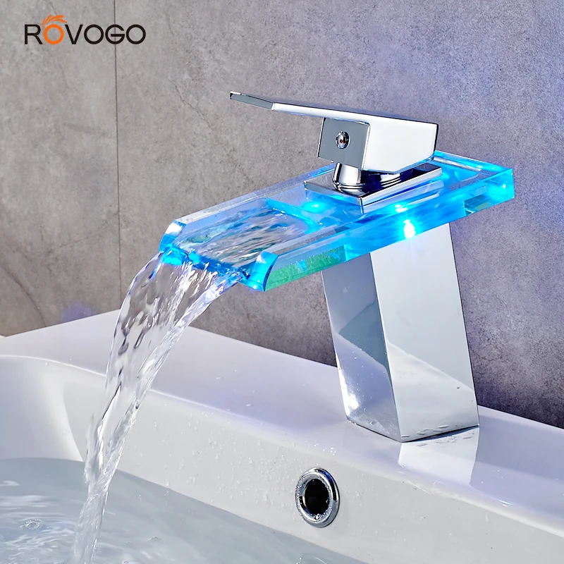 rovogo led cachoeira torneira do banheiro torneira de bacia de latao pia montada no deck misturador frio e quente 01