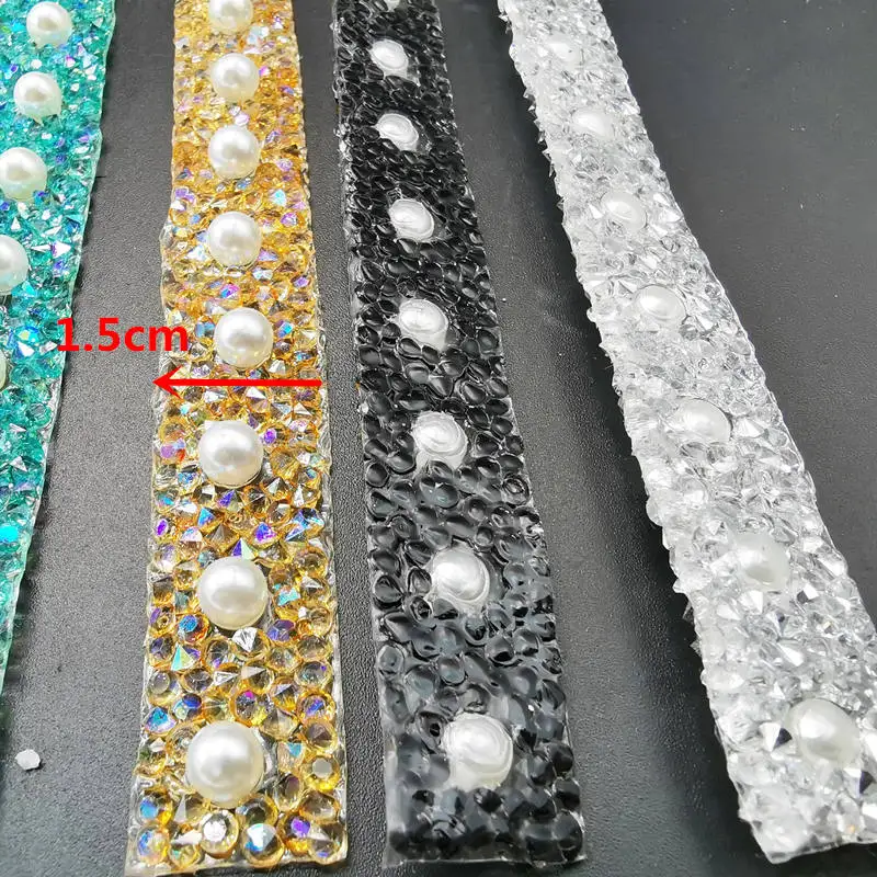 40 centimetri di Lunghezza Perla In Rilievo Pietre Strass Hotfix Lace Trim Forniture Decorazione Del Mestiere di Cucito FAI Da TE In Tessuto Fatti A