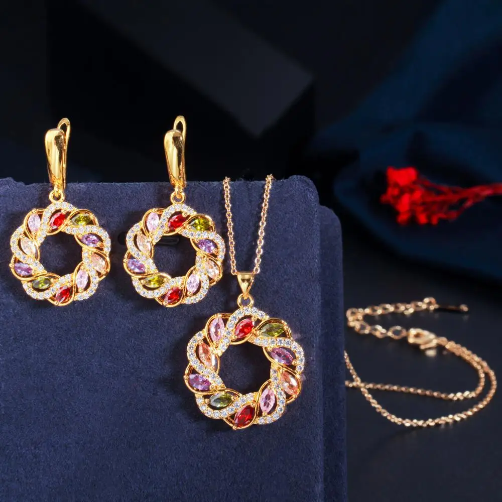 CWWZircons Роскошный комплект украшений из кубического циркония: ожерелье и серьги с разноцветными камнями, в стиле Дубай/Индия, золотой, для женщин, для вечеринок, T470