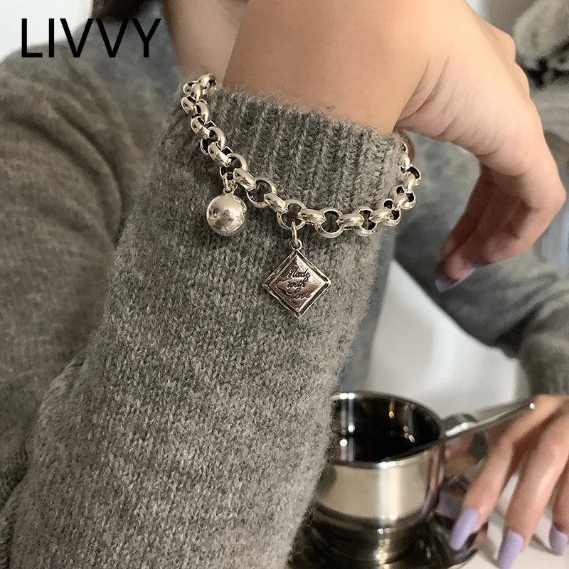 

LIVVY Square English Letter Ball Pendant Chain Bracelet Female Unique Design Thai Silver Color Retro Temperament Fashion Jewelry