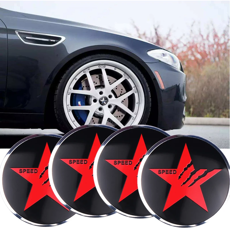 4PCS Pentagram SPEED Sign Badge Car Wheel Center Hub Caps Cover Rim Stickers Styling Decoration For BMW AUDI FORD HONDA KIA JEEP