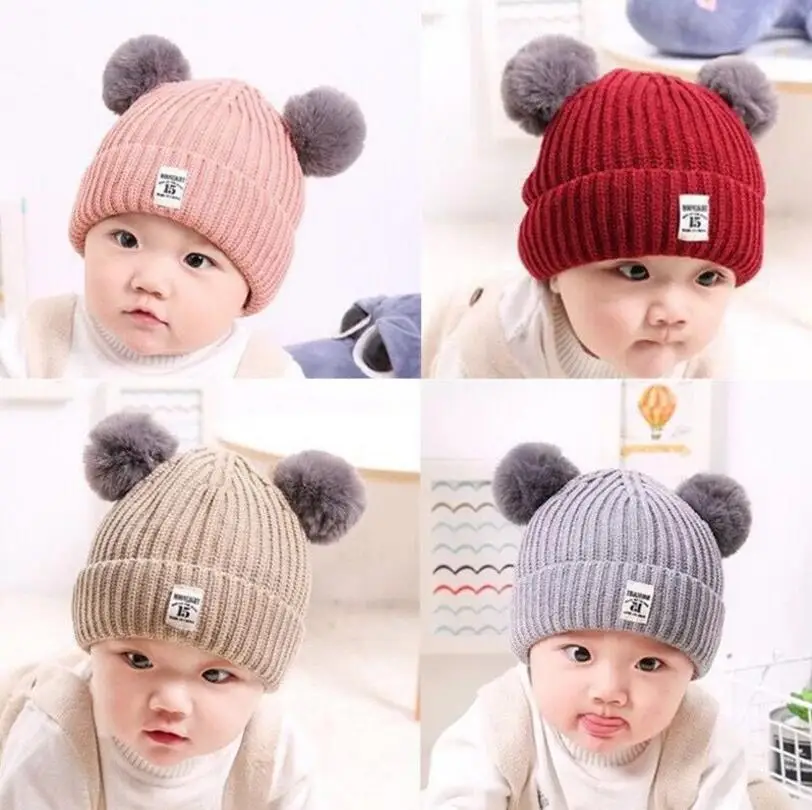 

Autumn winter Party hat children's double ball knitted hat boys girls cloth standard woolen cap baby baby warm hat new gifts