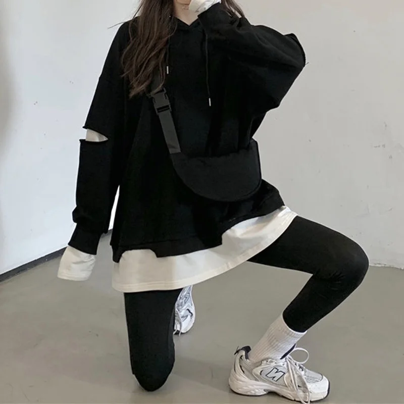 Women with Hat Hoodies Trendy Hollow Out Asymmetrical Sweatshirts Fake 2 Piece Drawstring Pullover Loose Casual Streetwear Chic