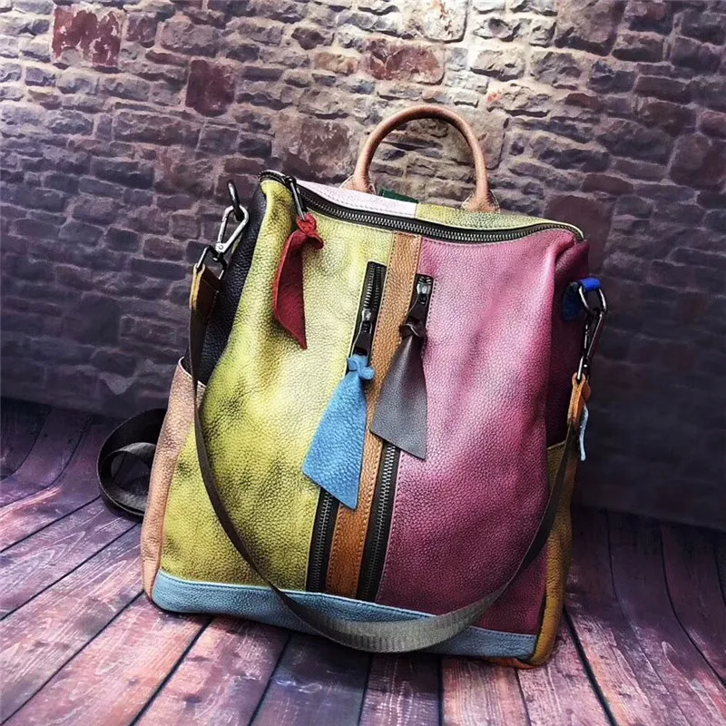 Nesitu Unique High Quality Large Capacity A4 Vintage Colorful Genuine Leather Women Backpack Female Girl Lady Shoulder Bags M521