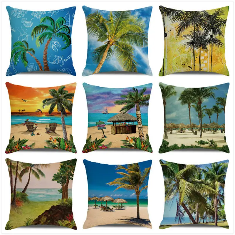 

Chair Decor Romantic Summer Seaside Vacation Cushion Cover 45X45cm Beach Ocean Coconut Grove Sunset Scenery Printed Pillow Cover