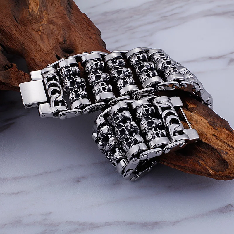 35mm Width Hugh Demon Skull Bracelet Men Heavy Overbearing Motor Biker Wristband