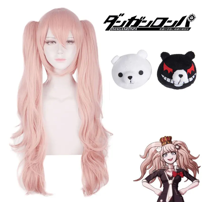 Anime Danganronpa Enoshima Junko Long Ponytail Wig with Bear Hairpins Cosplay Costume Accessory Dangan Ronpa Women Halloween Wig