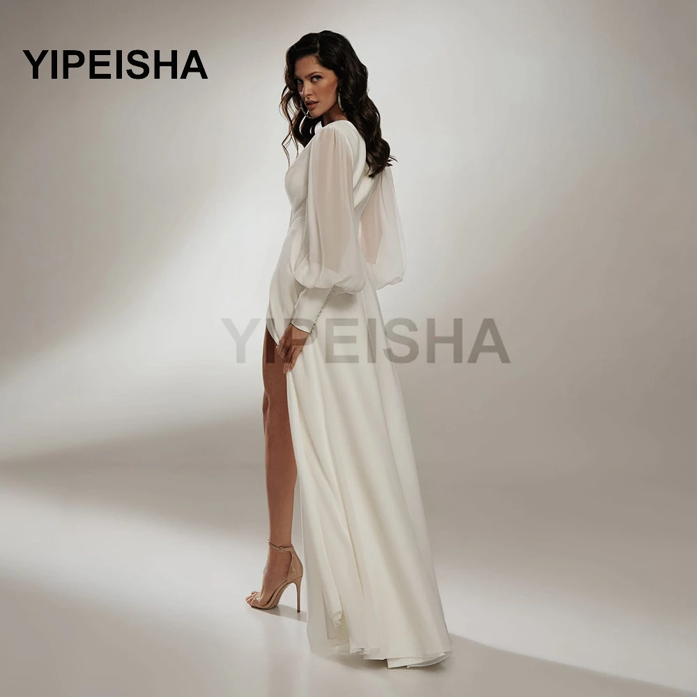 Personalizado simples com decote em v manga longa a linha vestidos de noite frente alta divisão chiffon vestido de festa de casamento vestidos de fiesta robes