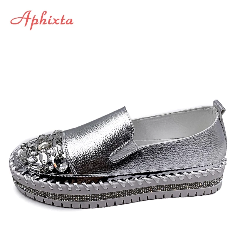 Aphixta Crystals Round Toe Leather Flats Shoes Women Silver Bling Loafers Couple Platform Shoes Woman Flat With Students Size 43