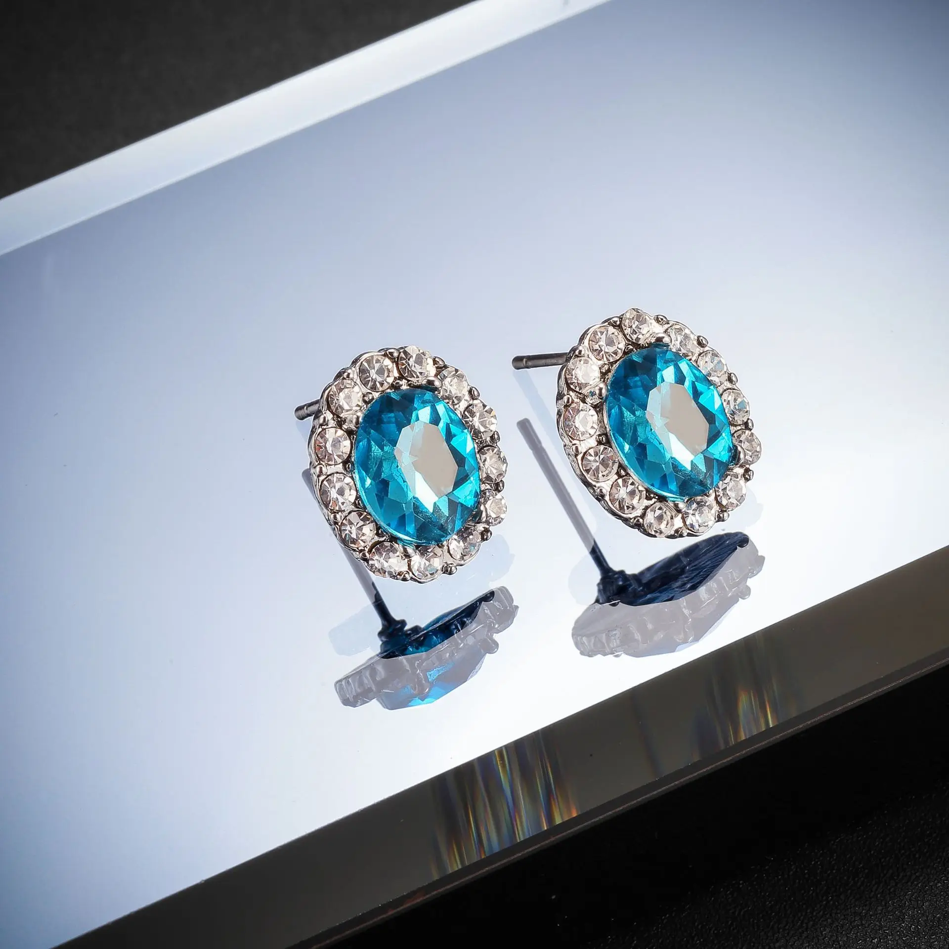 Fashion Luxury 925 Silver Needle Sea Blue Small Zircon Stud Earing Aquamarine Earrings For Women Christmas Gift Korean Jewelry
