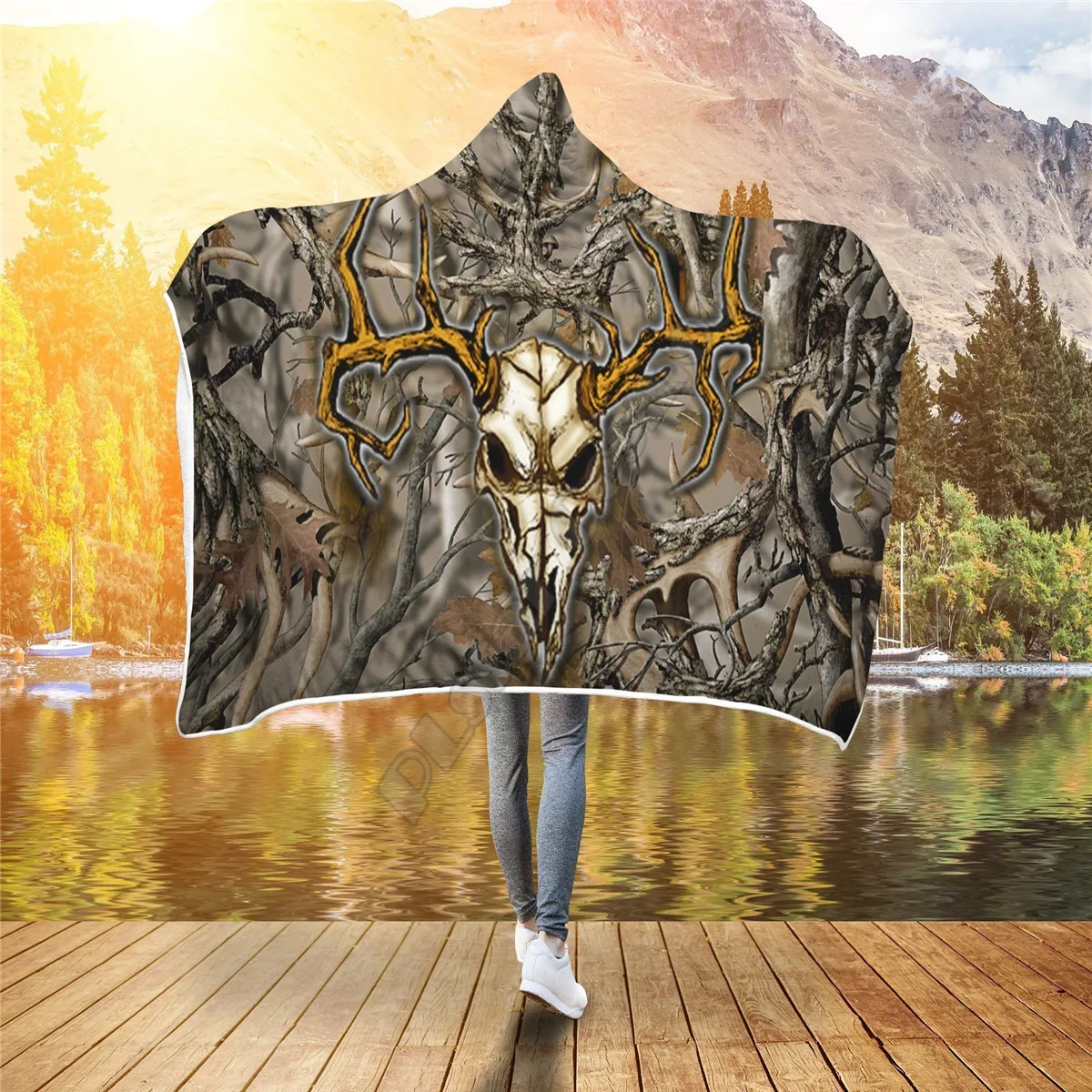 

Deer Hunting Camo 3d Printed Hooded Blanket Adult Kids Sherpa Fleece Blanket Cuddle Offices Cold Weather Gorgeous