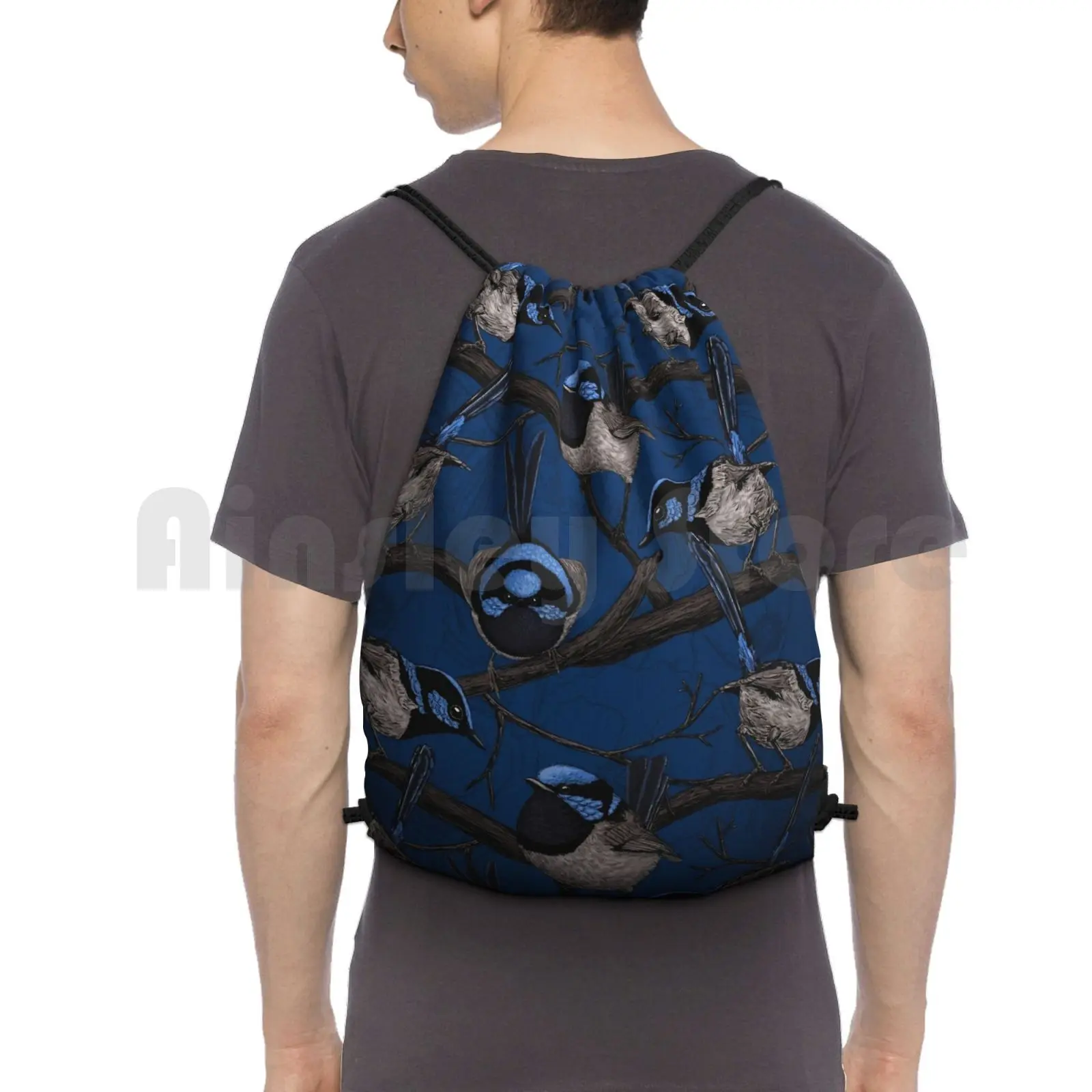 

Night Fairy Wrens Backpack Drawstring Bag Riding Climbing Gym Bag Bird Wren Fairy Wildlife Ink Pattern Vector Blue Nature