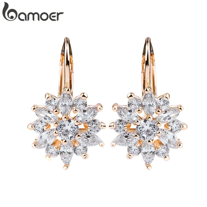 BAMOER – boucles d'oreilles en forme de fleur pour femme, bijoux de luxe, couleur or, avec pierre de Zircon, cadeau d'anniversaire, 3 couleurs, JIE014