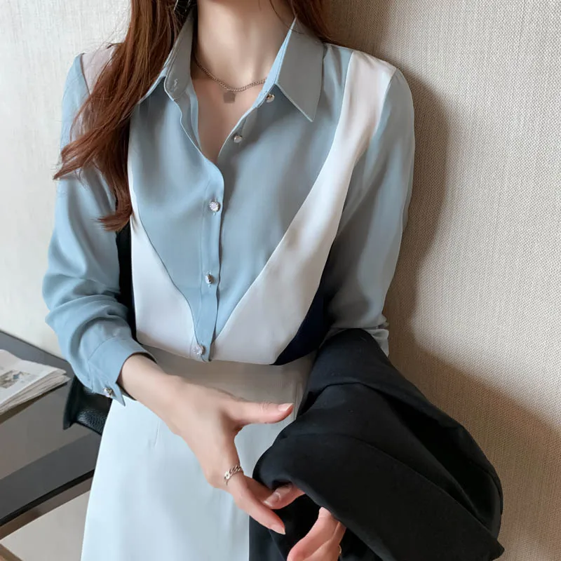 

Korean Women's Tops and Blouses OL Style Loose Blouse Women Shirts POLO Collar 2021 Long Sleeve Patchwork Casual Tops Clothing