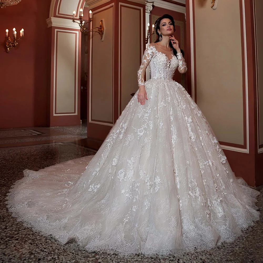 Robe De Mariage Ball Gown Wedding Dress Long Sleeve Gorgeous Abito Da Sposa O-Neck Illusion Back Vestidos De Novia Bride Dresses