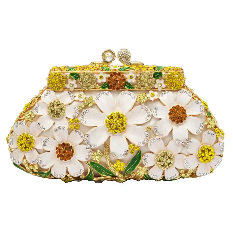 White Designer Yellow Crystal Flower Clutch Bags Party purse Women Wedding Bridal pochette Wristlets SM72