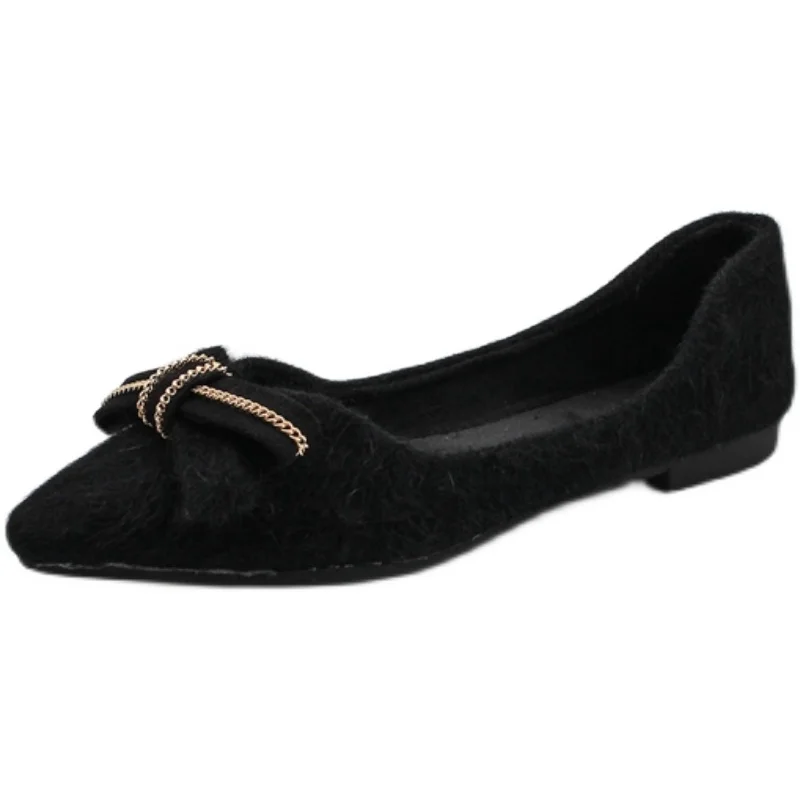 Furry Flats for Women Solid Color Bowknot Black Flat Heel Shoes Soft Sole Pointed Toe Size 32 33 34 44 45 46 Winter Flats Ladies