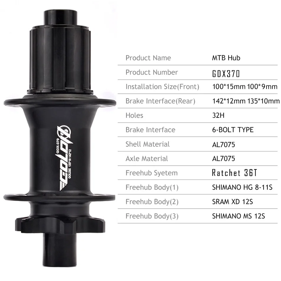 GOLDIX M370 Hub Ratchet 36T HG XD MS Disc Card Brake Mountain Bike Hub Bearing Bicycle Hubs 32 Holes Black 8/9/10/11/12Speed