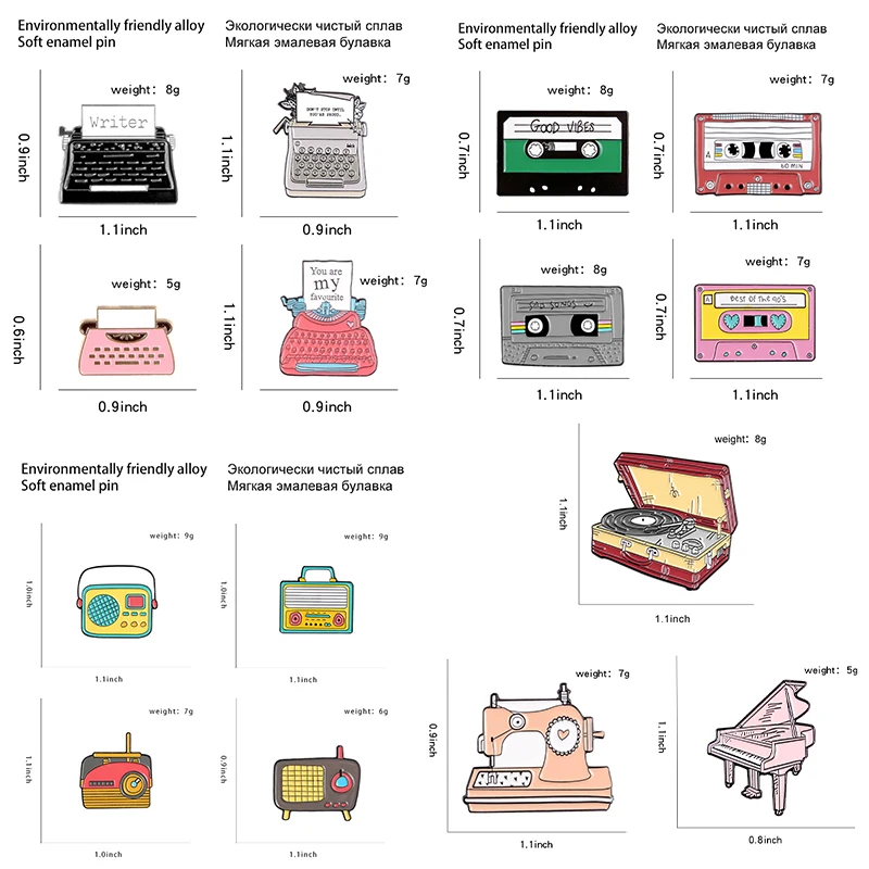 Creative Retro Vintage Typewriter Recorder Enamel Pin Cassette Tape Badge Brooch Denim Shirt Backpack Jewelry Gift For Friends