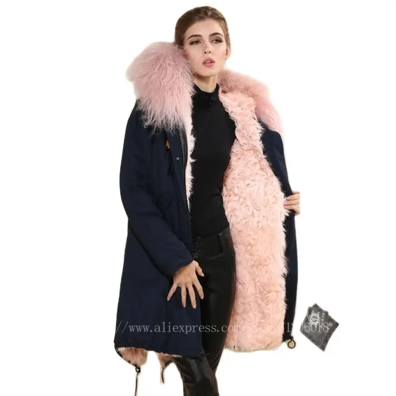 

Fashion Beautiful Lamb Fur Women Long Style Winter Parka Navy Wool Fur Parka With Pink Lamb Fur Winter Ladies Jacket