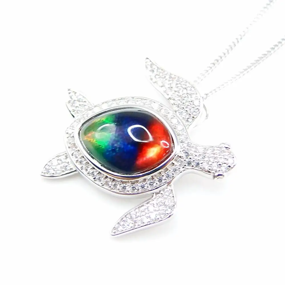 High Quality Beautiful 925 Sterling Silver Ammolite Sea Turtle Pendant Natural Multi Color MOP Pendant Necklace For Gift