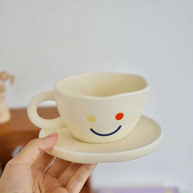 Irregular Hand-Squeezed Ceramic Espresso Mugs Ins Color Coffee Cups Smile Original Mug for Tea Saucer Set Creative Gift Friends