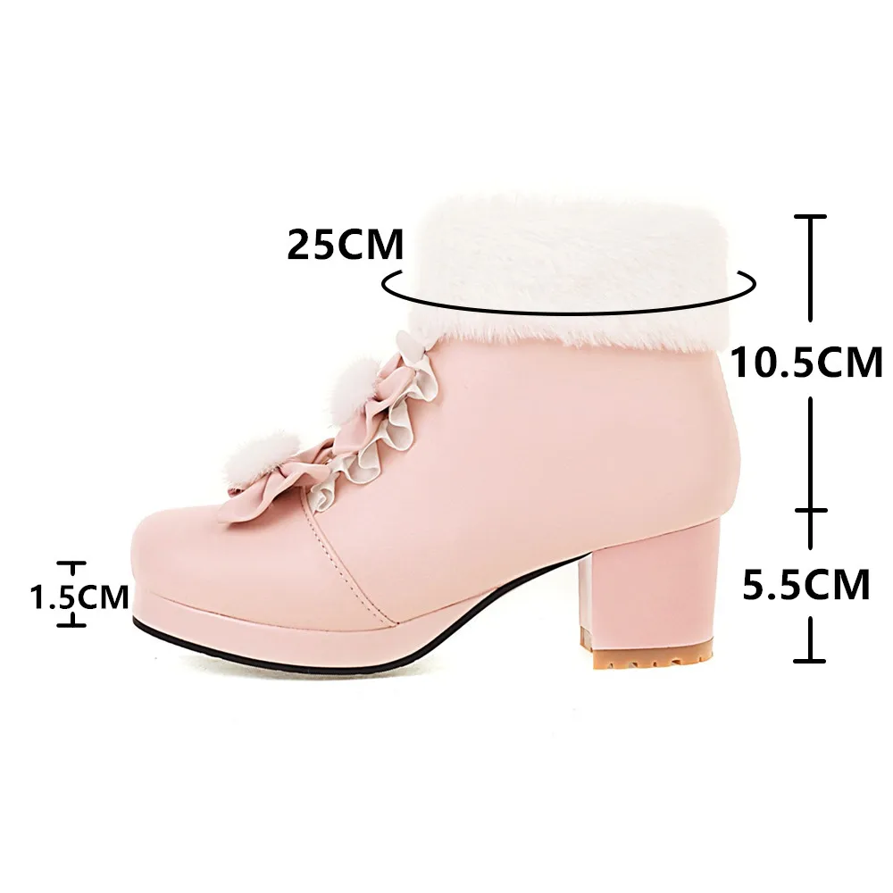 Lolita Girls Winter Boots Pink Women Fur Bowtie Butterfly-Knot Lovely Ladies Ankle Boots Japanese Cosplay Party Wedding Shoes