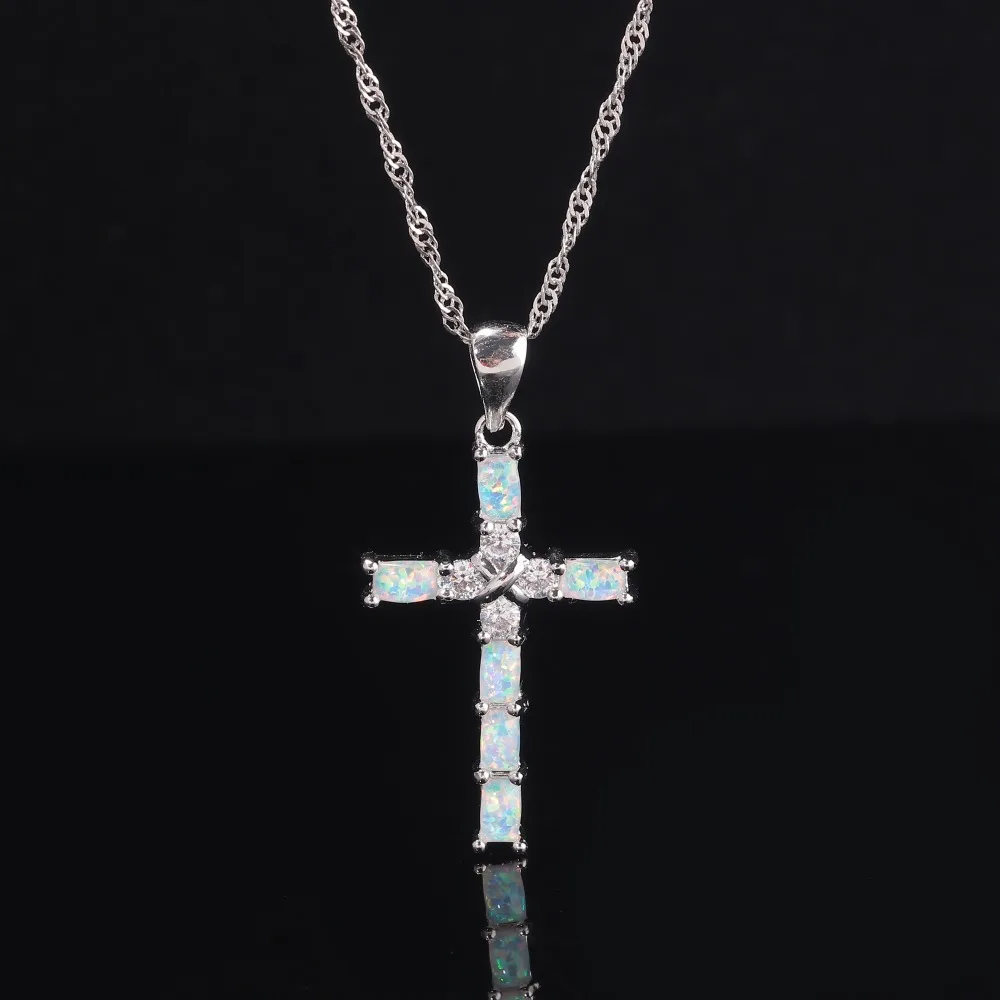 CiNily Opal Necklace Pendant Cross Christian Silver Plated Fashion Jewelry with Zircon Inlay for Woman Anniversary Gift