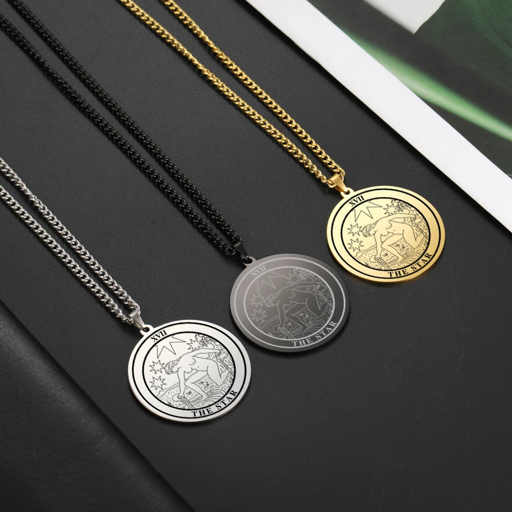 Dawapara New Round Tarot Card Necklace Women Stainless Steel Jewelry The Major Arcana Astrology Amulet Pendants Couple Necklace