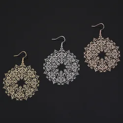 New Fashion Jewelry Women's Gift Flower Shaped Carved Metal Plate Hollowed Out Rose Gold-plated Court Retro Style Large Earrings