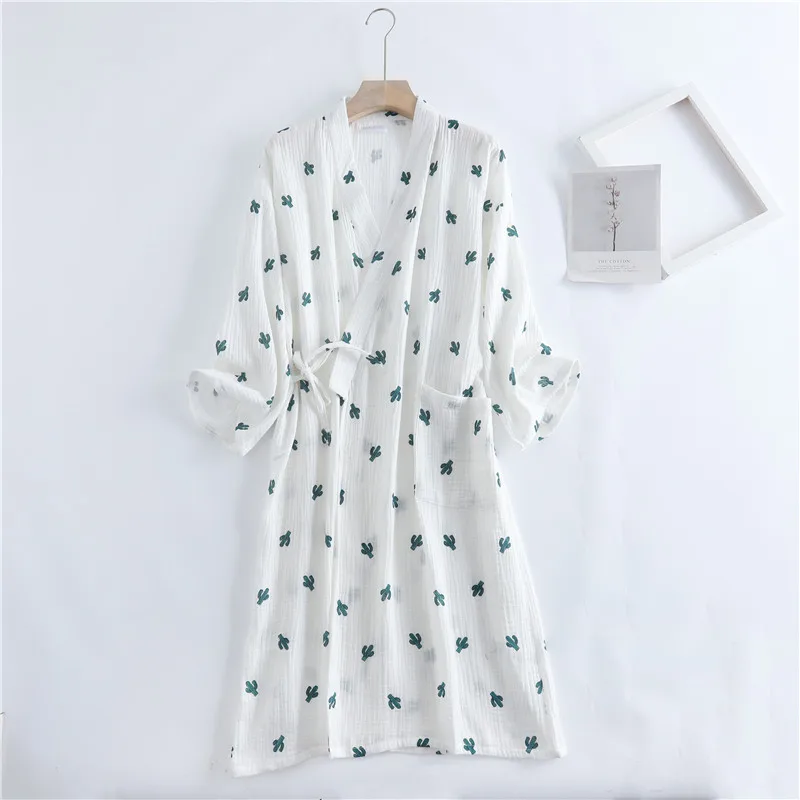 Spring Women Crepe Gauze Kimono Bathrobe Long Sleeve Cotton Robes Print Sleepwear Loose Dressing Gown Plus Size Housewear