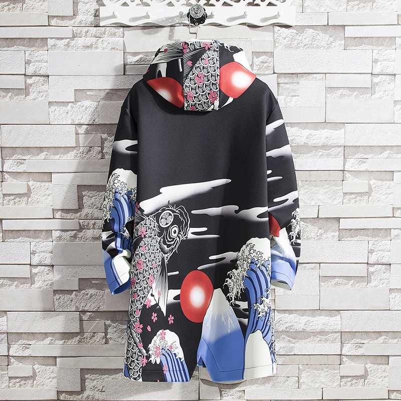 Autmn Trench Coat Men Hooded Casual Long Jacket Retro Fashion Print Animal Trench Men Dragon Streetwear Overcoat Male Youth New