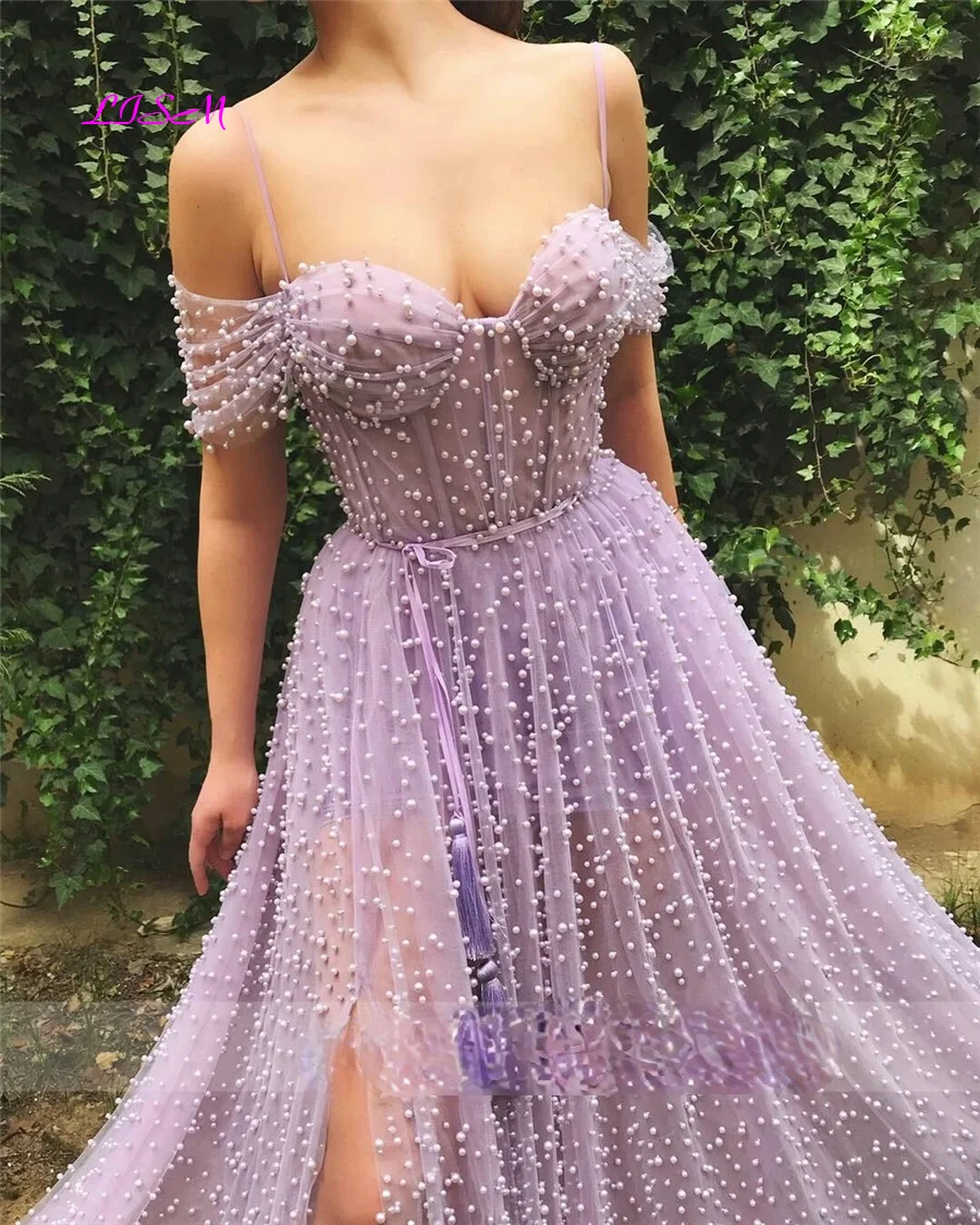 Handmade Heavy Pearls Sweetheart A-Line Long Lilac Prom Dresses Sexy High Slit Women Formal Evening Dress robes de soirée