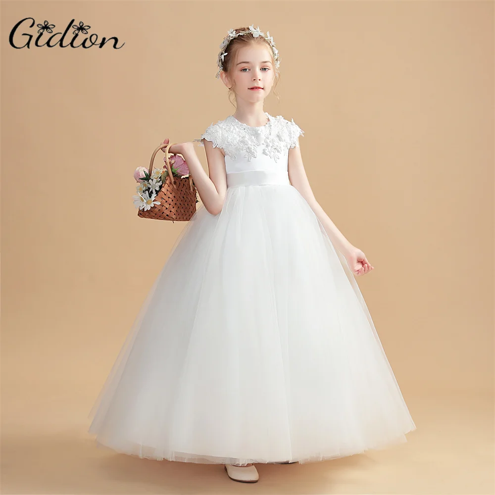 Robes à fleurs pour filles, avec des appliques, princesse bouffante, robe d'anniversaire pour enfants, première Communion, robe à manches cape pour filles