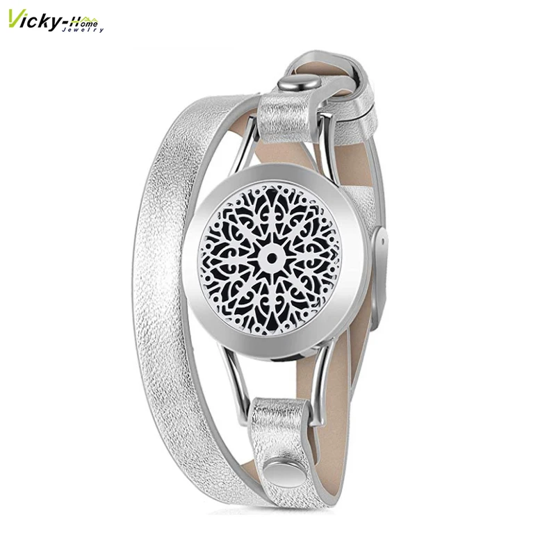 

Aromatherapy Locket Bangle Snow 25mm Diffuser Magnet Genuine Leather 316L Stainless Steel Essential Oils Locket Bracelet