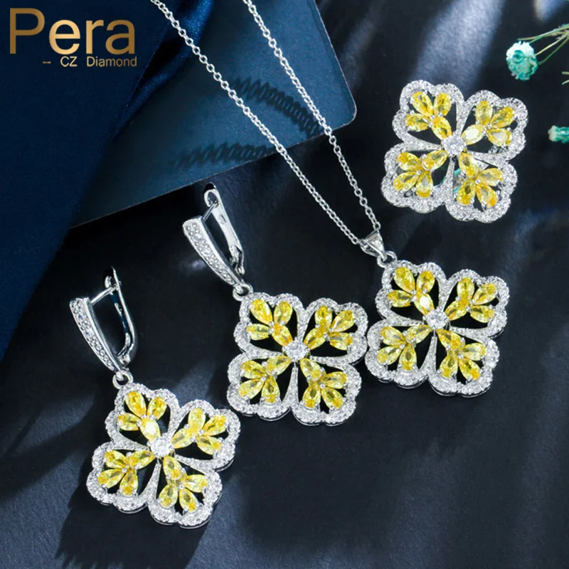 Pera Fashion 6 Colors Choice Jewelry Set Big Yellow Square Flower CZ Crystal Necklace Earrings Ring for Women Party Gift J052