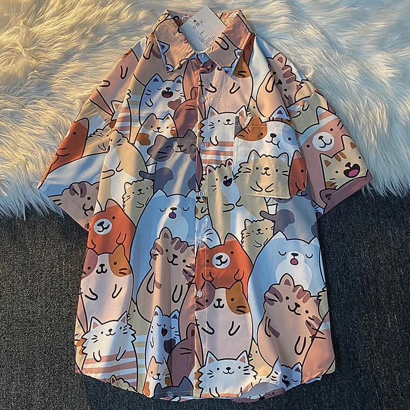 Summer Women Street Fashion Turn Down Collar Half Sleeve Shirt Blouse Cute Full Cat Print Loose Casual Blosues Kawaii Tops