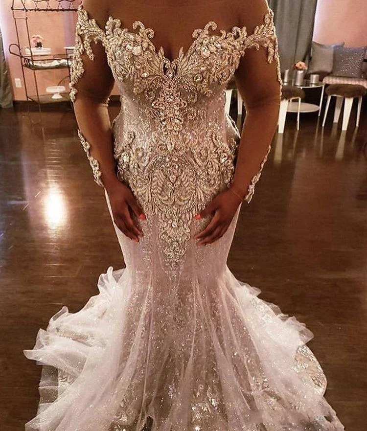 Sparkly Sexy 2023 African Dubai Wedding Dresses Beaded Crystals Lace Mermaid Bridal Gowns Sheer Neck Stunning Vestidos De Noiva