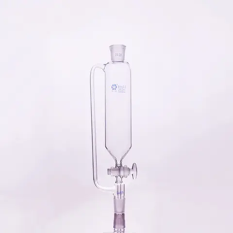 분리 깔때기 정압 원통형 모양, 표준 접지 입. 용량 250ml, 조인트 24/29 + 24/29, 유리 스위치 밸브