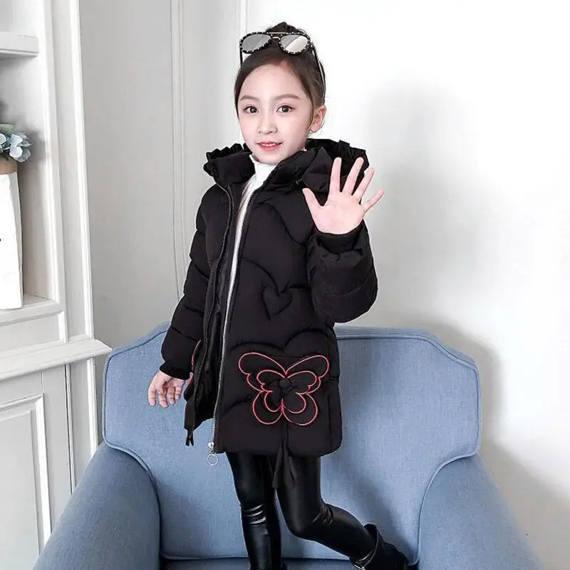 Thick Keep Warm Winter Jacket For Girls Butterfly Hooded Kids Outerwear Teenager Long Windbreaker Coat 4-12 Years old