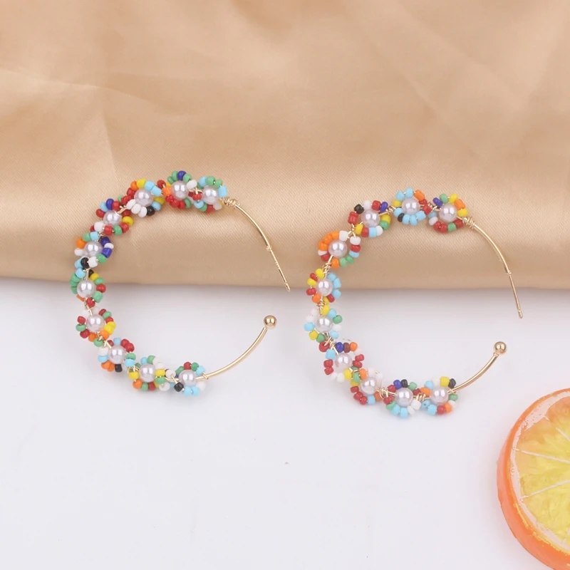 New Trend Imitation Pearls Beads Circle Flowers Hoop Earrings for Women Brincos Bohemian Beach Wedding Party Jewelry Mujer Gift