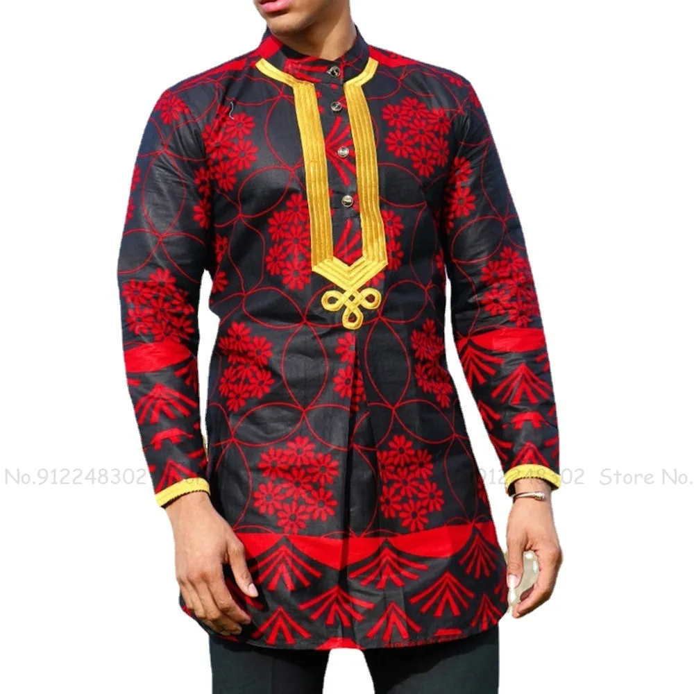 

African Men Dashiki Long Sleeve Shirt Bazin Riche Bohemian Print Tee Tops Dubai Arabic Jubba Thobe Casual T-shirt Blouse Clothes