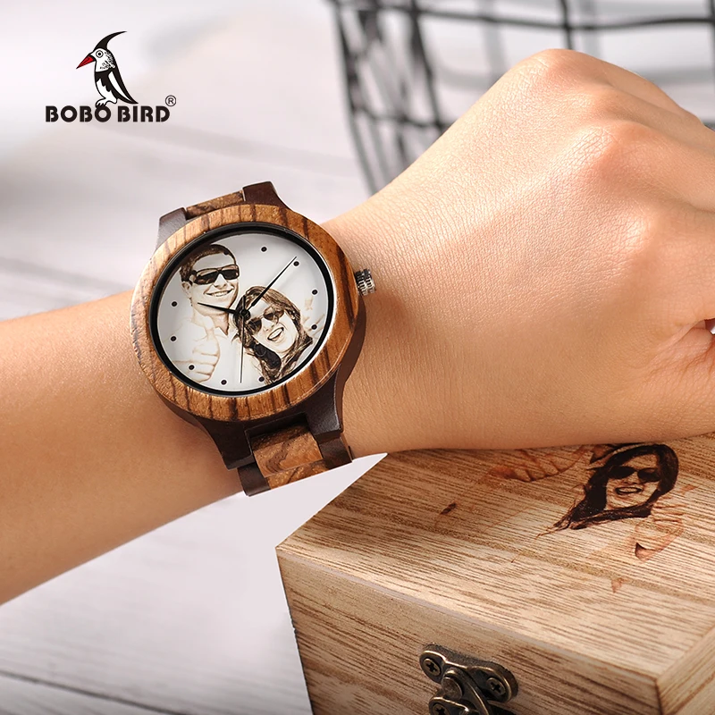 BOBO BIRD Printing Photo Relogio Masculino Customized Logo Wood Watch with Gift Box Drop Shipping In Wooden Box Valentine's Day