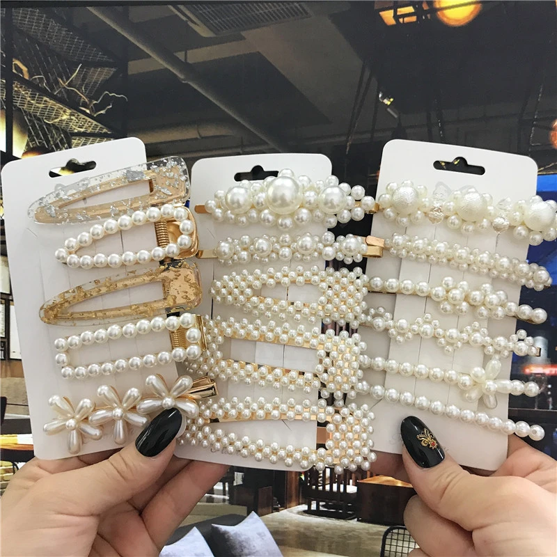 1Set Handmade Pearls Hair Clips Pin for Women Fashion Geometric Flower Barrettes Headwear Girls Sweet Hairpins Hair Accessorie image 2