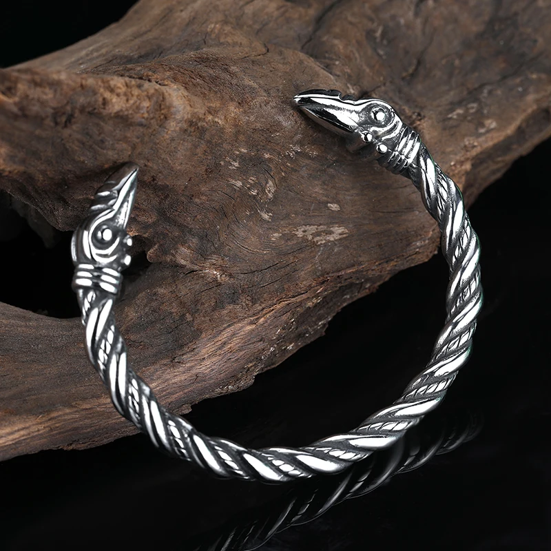 Pulsera de cuervo nórdico vikingo de acero inoxidable para hombre, brazalete ajustable, regalo para novio