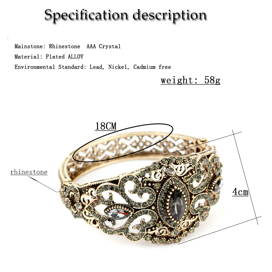 Sunspicems Gray Crystal Cuff Bracelet Bangle Jewelry Turkish Women Ethnic Wedding Banquet Gift Antique Gold Color Wholesale 2020